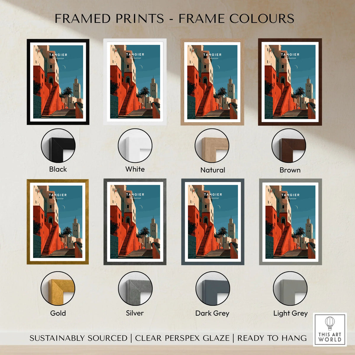 Tangier Morocco Kasbah Steps Travel Poster — coral kasbah steps climbing towards a minaret under a crescent moon, shown as framed print colour options