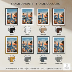 Tangier Morocco Sunset Medina Travel Poster — Tangier medina rooftops and a minaret above a bay dotted with sails, shown as framed print colour options