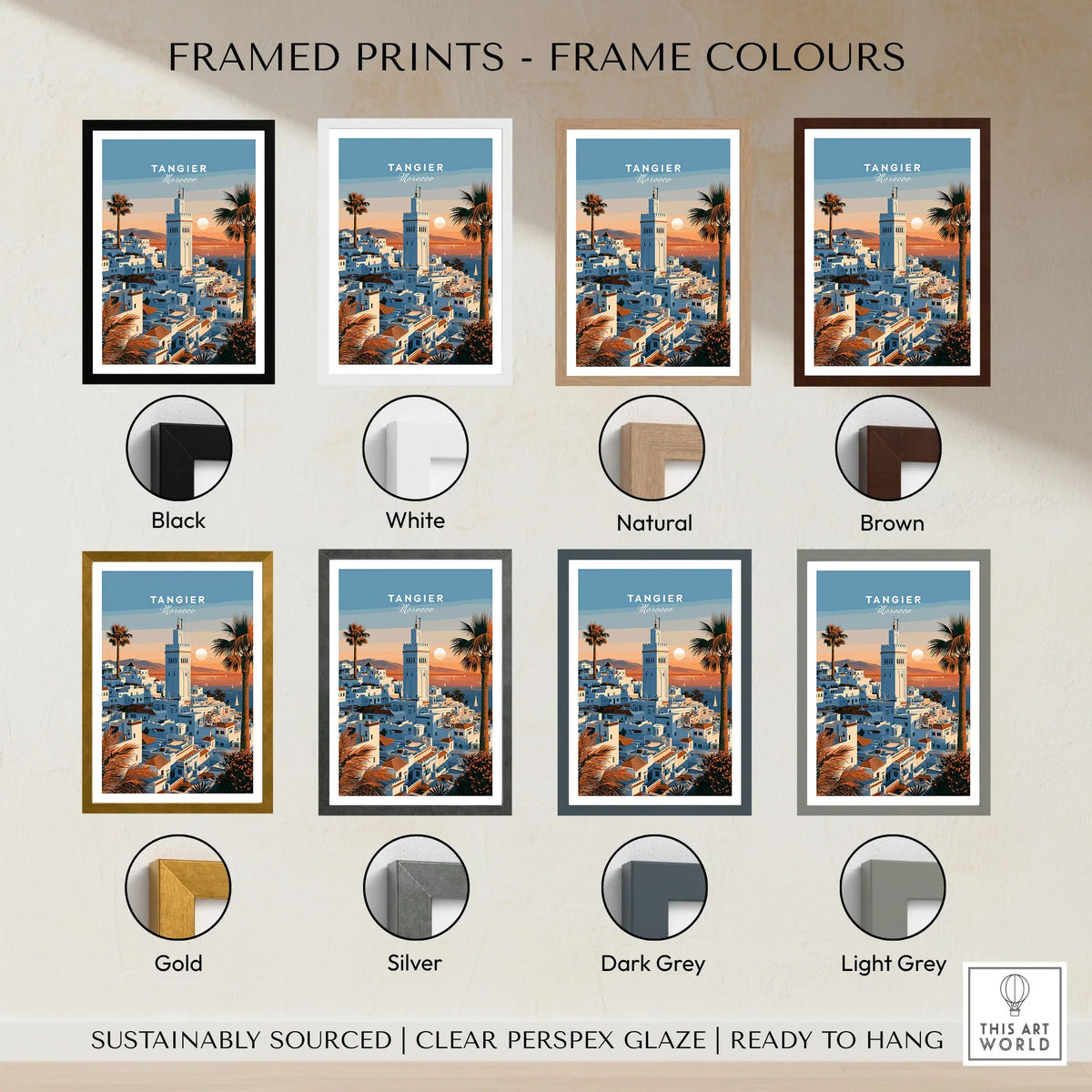 Tangier Morocco Sunset Medina Travel Poster — Tangier medina rooftops and a minaret above a bay dotted with sails, shown as framed print colour options