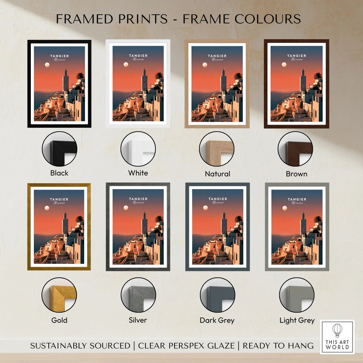 Tangier Morocco Golden Hour Travel Poster — a whitewashed hillside town and minaret glowing above the sea at sunset, shown as framed print colour options