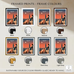 Tangier Morocco Golden Hour Travel Poster — a whitewashed hillside town and minaret glowing above the sea at sunset, shown as framed print colour options