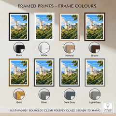 Tangier Morocco Cap Spartel Lighthouse Travel Poster — the Cap Spartel lighthouse above palm gardens and the blue strait, shown as framed print colour options