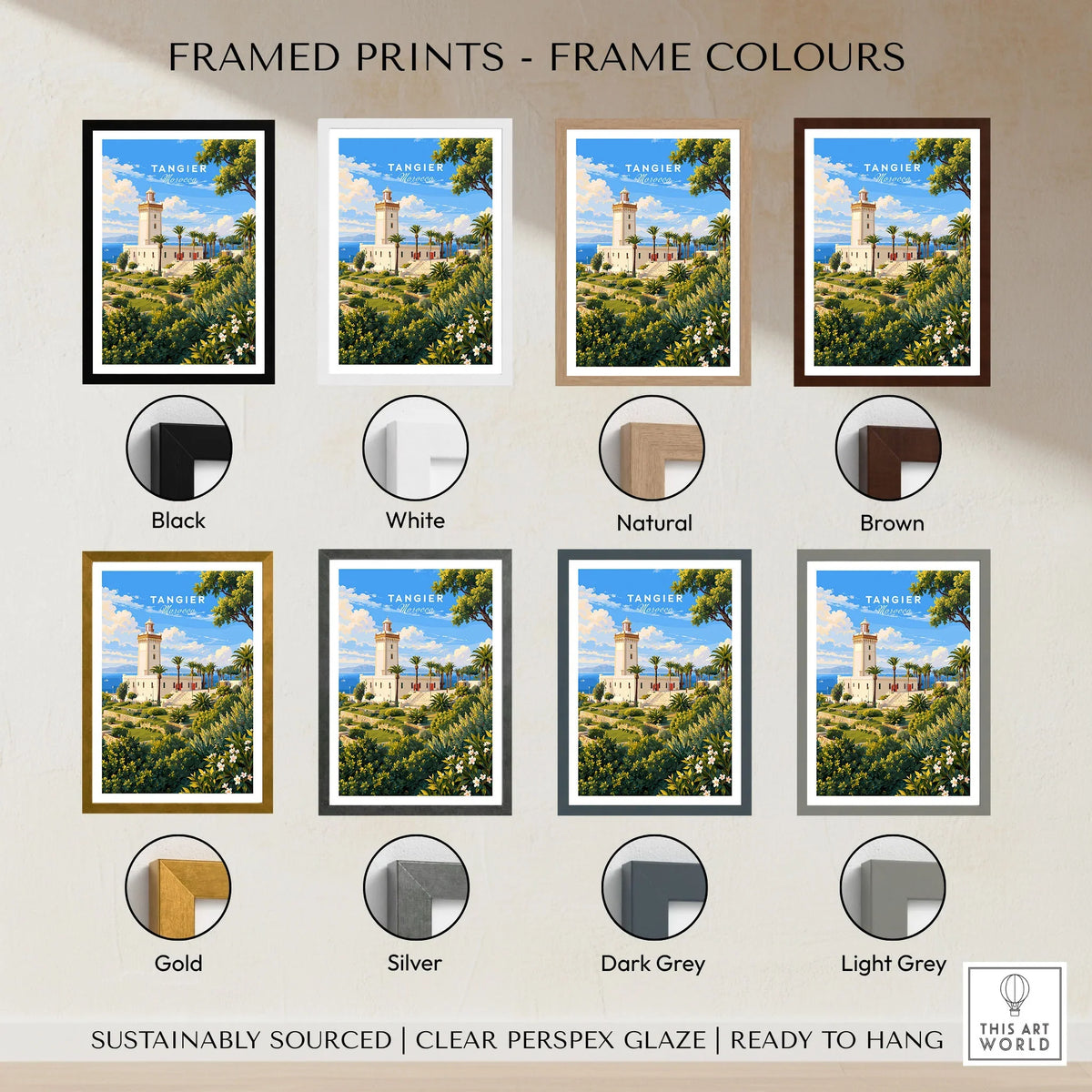 Tangier Morocco Cap Spartel Lighthouse Travel Poster — the Cap Spartel lighthouse above palm gardens and the blue strait, shown as framed print colour options