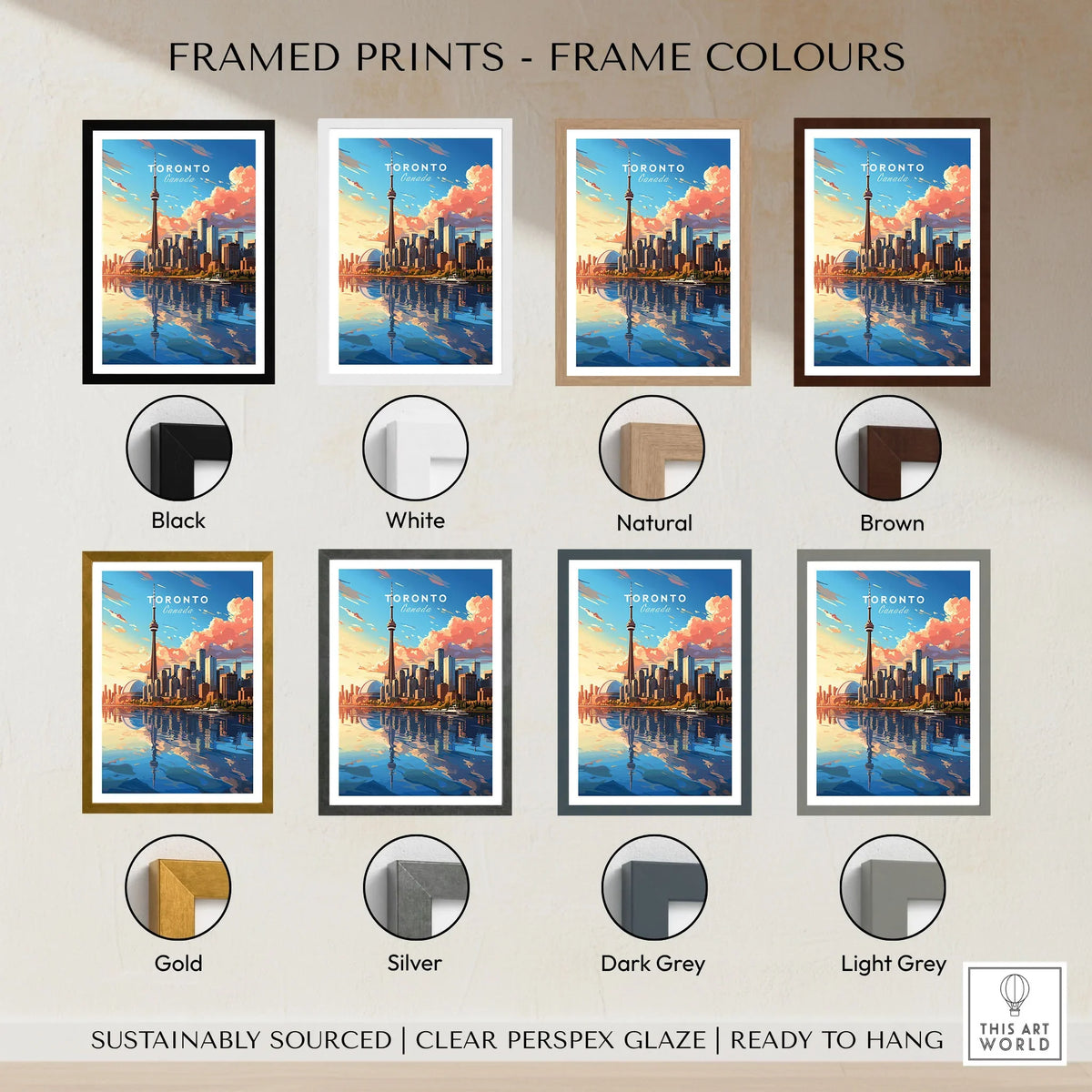 Toronto Poster framed print frame colour options: black, white, natural, brown, gold, silver, dark grey and light grey