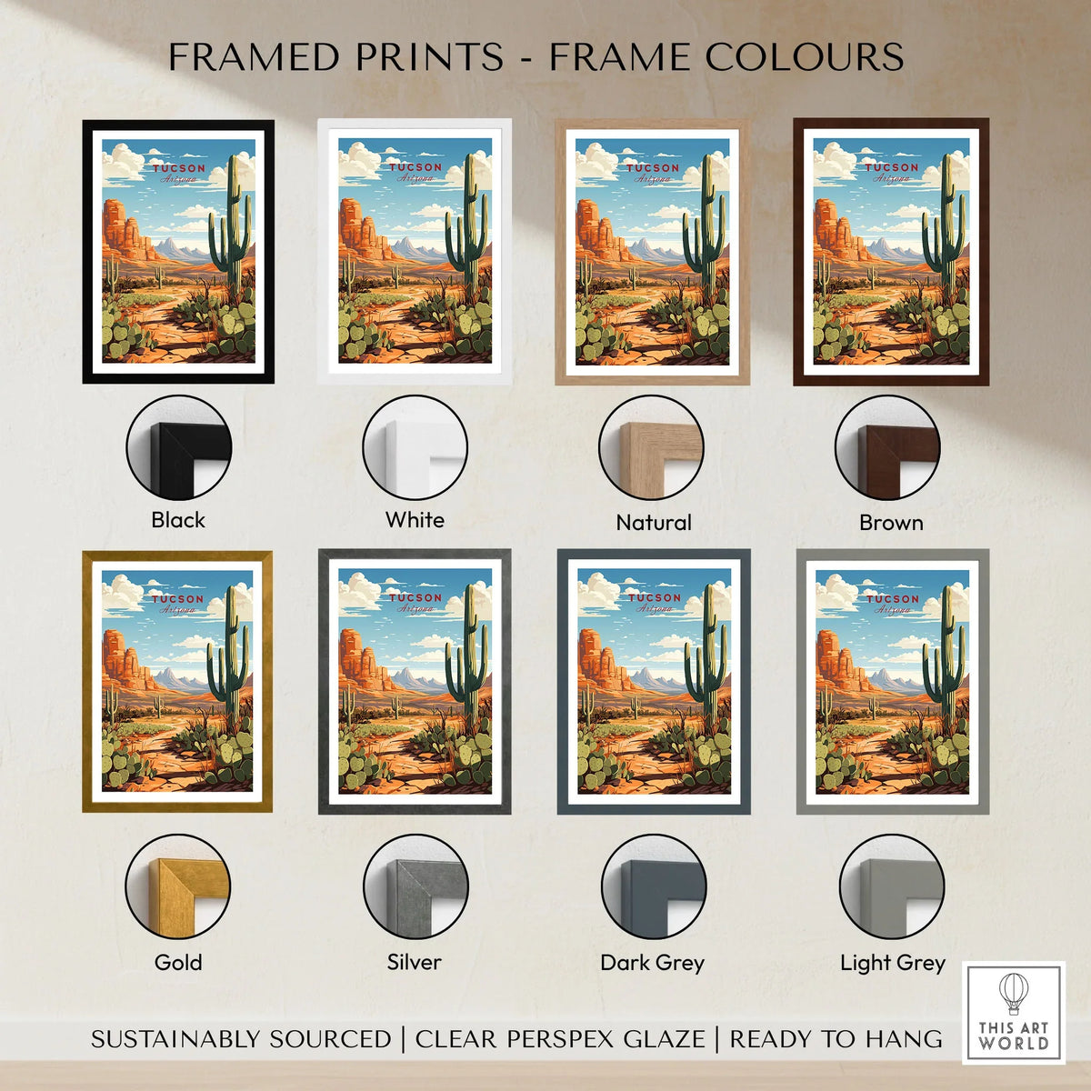 Tucson Arizona Print framed print frame colour options: black, white, natural, brown, gold, silver, dark grey and light grey