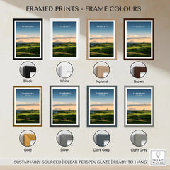 Turnberry Scotland Ailsa Craig Travel Poster — Ailsa Craig and the white lighthouse across rolling coastal turf at dusk, shown as framed print colour options