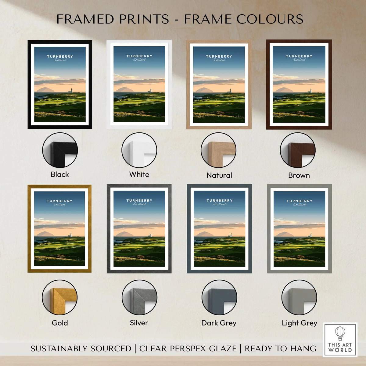 Turnberry Scotland Ailsa Craig Travel Poster — Ailsa Craig and the white lighthouse across rolling coastal turf at dusk, shown as framed print colour options