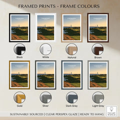 Turnberry Scotland Lighthouse Travel Poster — the Turnberry lighthouse above a rocky shore with the Arran hills beyond, shown as framed print colour options