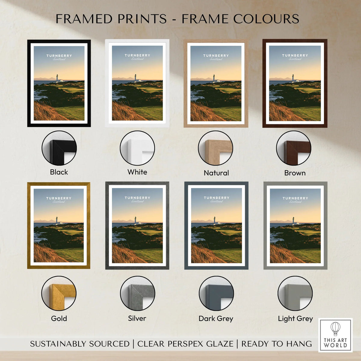 Turnberry Scotland Lighthouse Travel Poster — the Turnberry lighthouse above a rocky shore with the Arran hills beyond, shown as framed print colour options