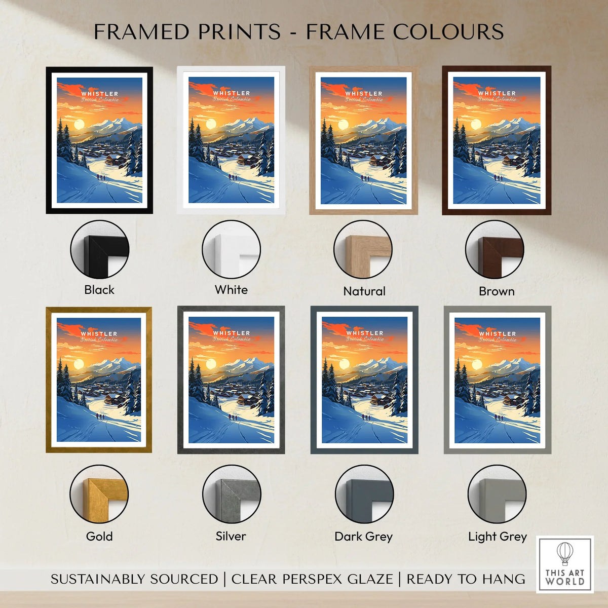 Whistler Wall Art Ski Print framed print frame colour options: black, white, natural, brown, gold, silver, dark grey and light grey