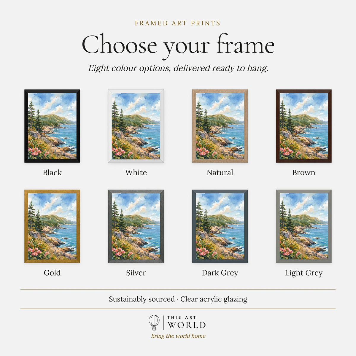 Acadia National Park rocky coastline and pines watercolour art print, frame colour options for the framed print