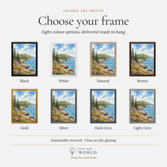 Acadia National Park rocky coastline and pines watercolour art print, frame colour options for the framed print