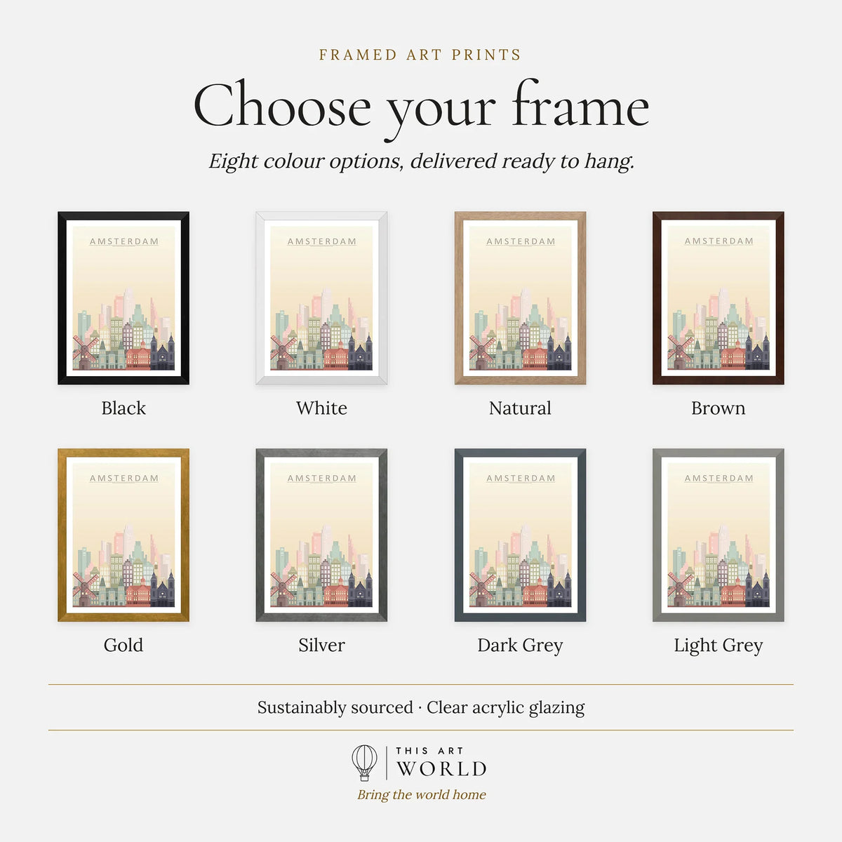 Amsterdam city skyline art print, frame colour options for the framed print