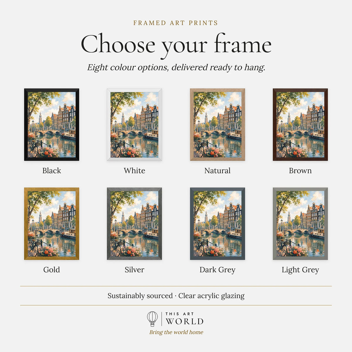 Amsterdam canal houses and bridge watercolour art print, frame colour options for the framed print