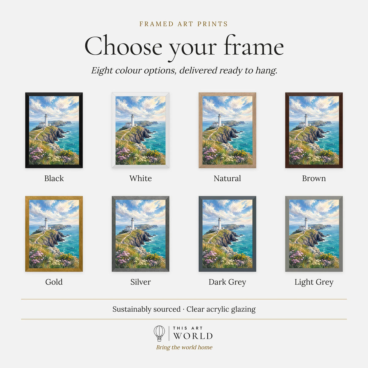 Anglesey clifftop lighthouse watercolour art print, frame colour options for the framed print