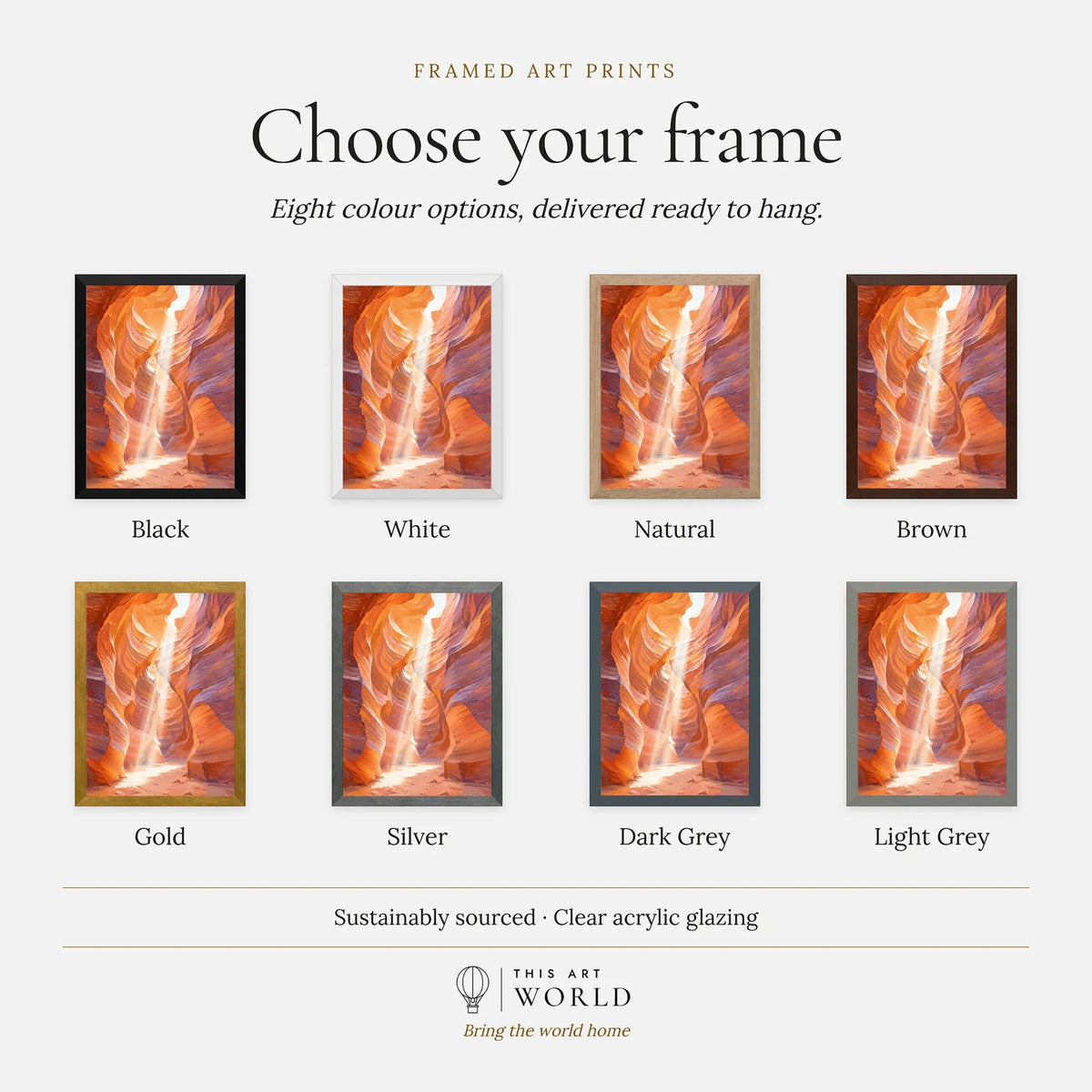 Antelope Canyon slot canyon light beam watercolour art print, frame colour options for the framed print