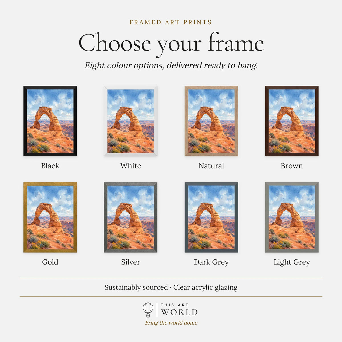 Arches National Park Delicate Arch watercolour art print, frame colour options for the framed print