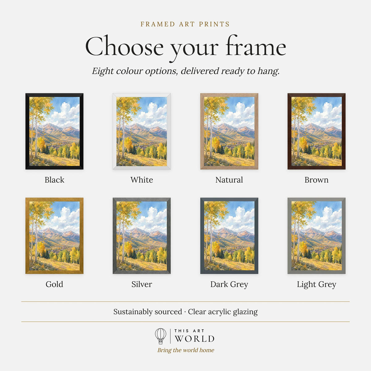 Aspen golden aspen trees and mountains watercolour art print, frame colour options for the framed print
