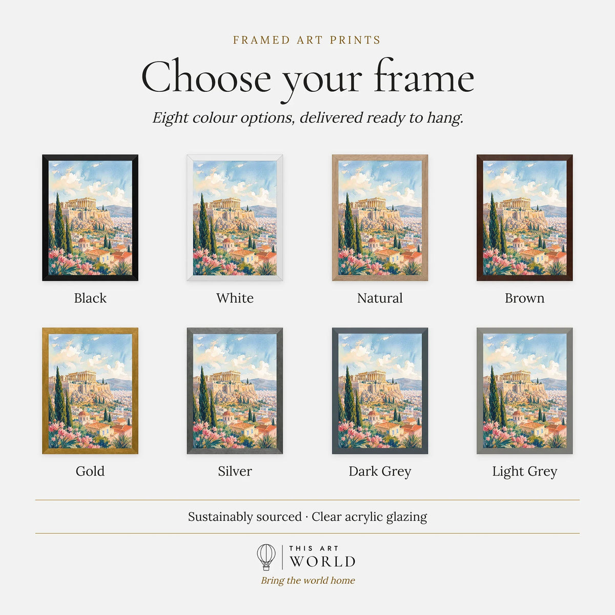Athens Acropolis and Parthenon watercolour art print, frame colour options for the framed print