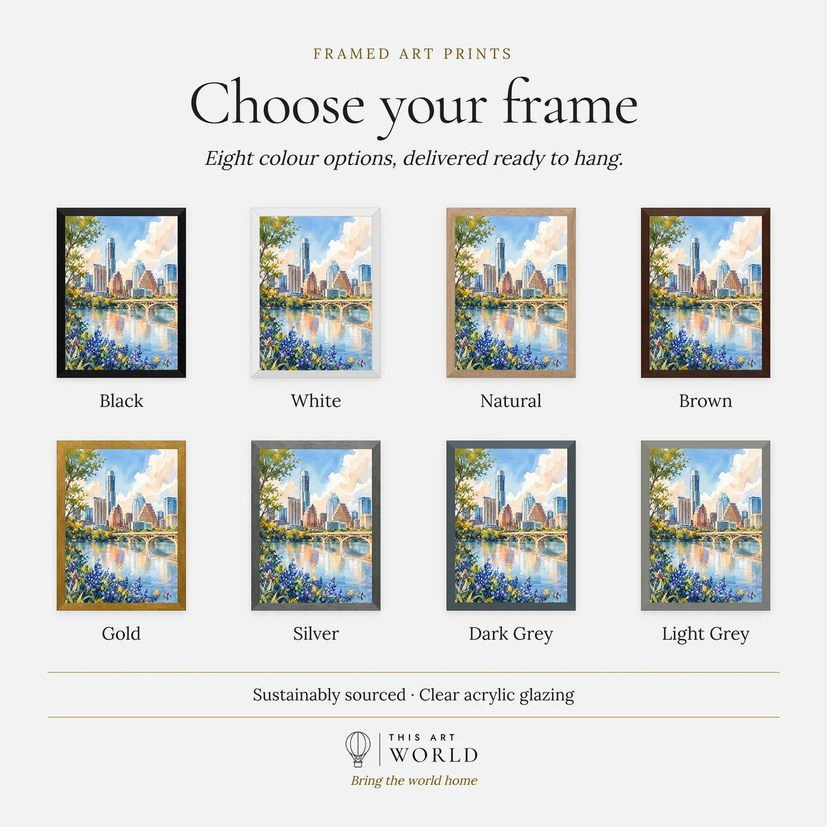 Austin skyline and Lady Bird Lake watercolour art print, frame colour options for the framed print