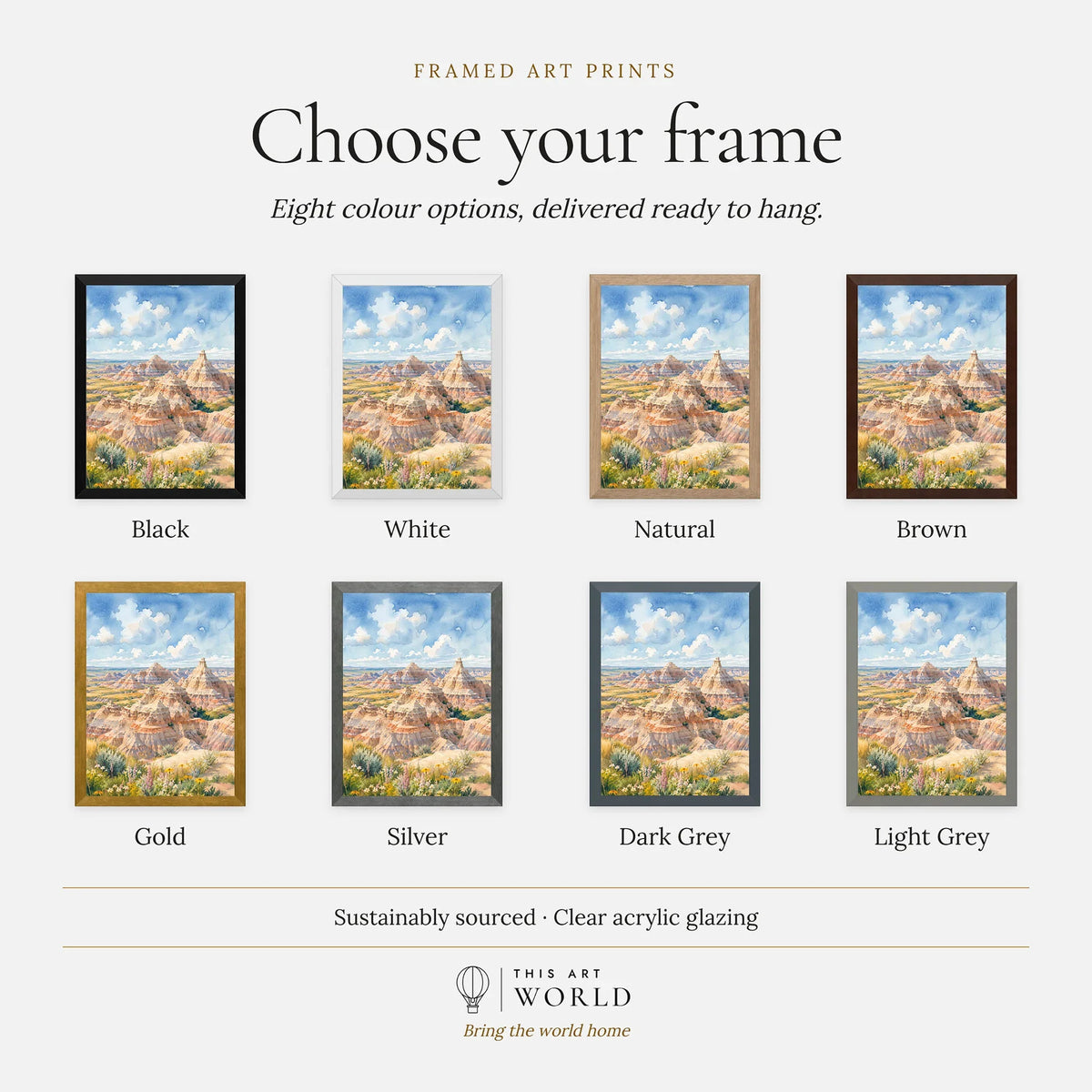 Badlands National Park striped eroded buttes watercolour art print, frame colour options for the framed print