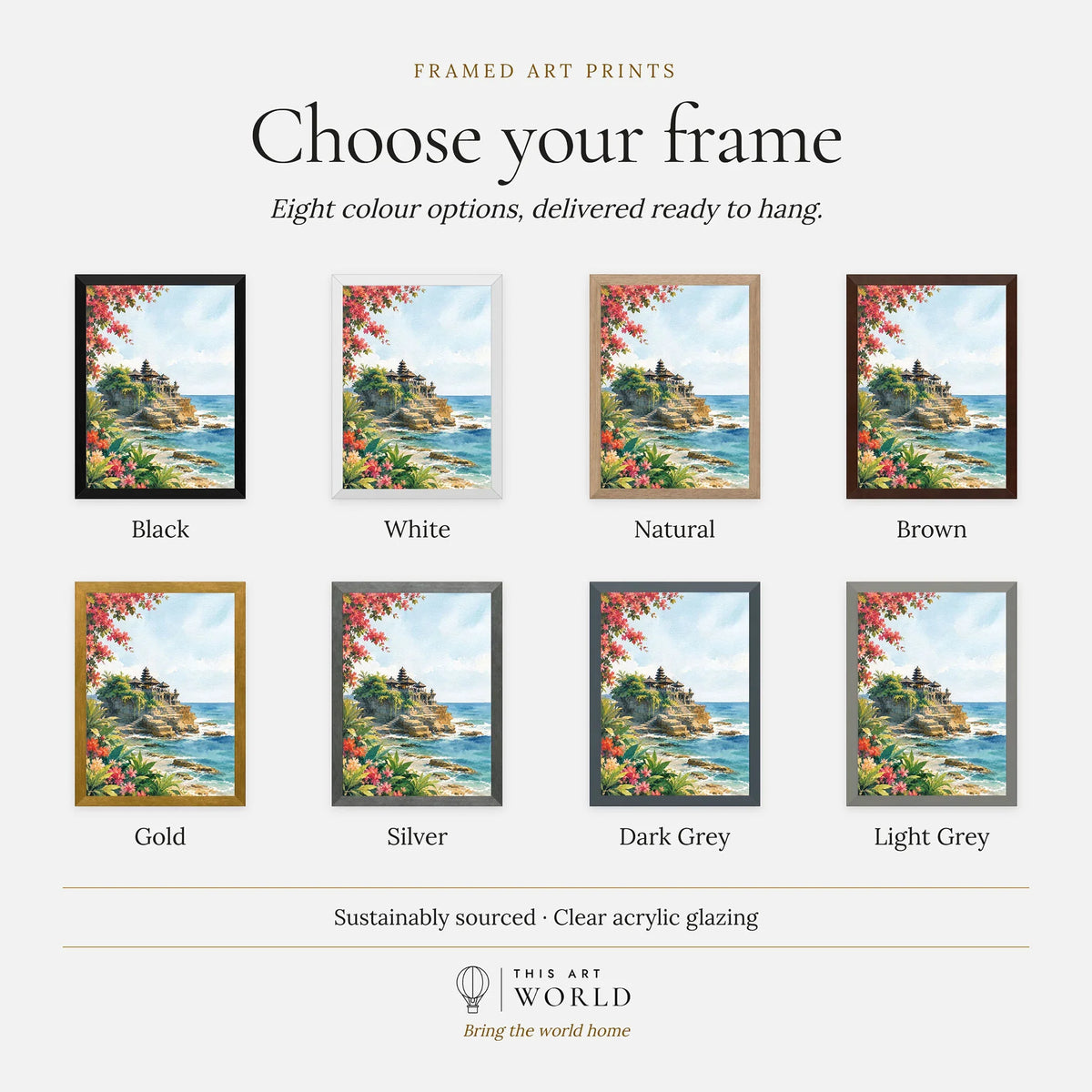 Bali Tanah Lot sea temple watercolour art print, frame colour options for the framed print
