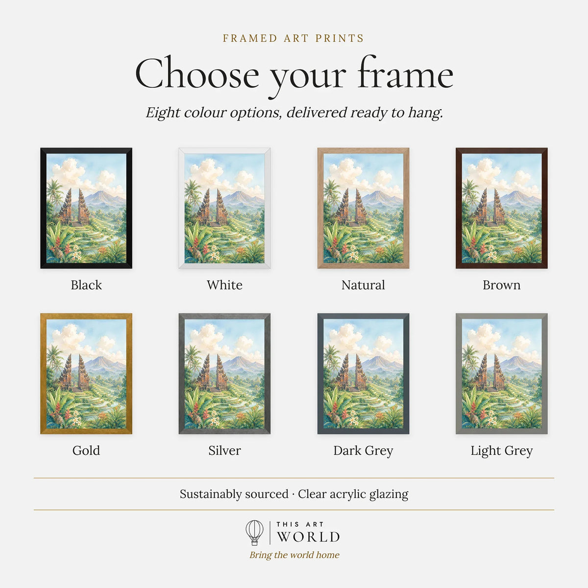 Bali temple gate and rice terraces watercolour art print, frame colour options for the framed print