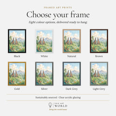 Bali temple gate and rice terraces watercolour art print, frame colour options for the framed print
