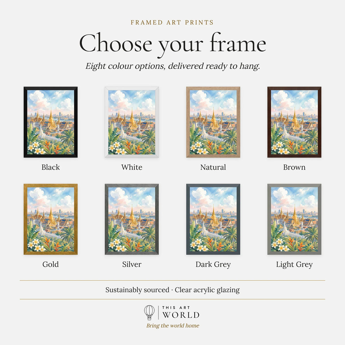 Bangkok Grand Palace golden temples watercolour art print, frame colour options for the framed print