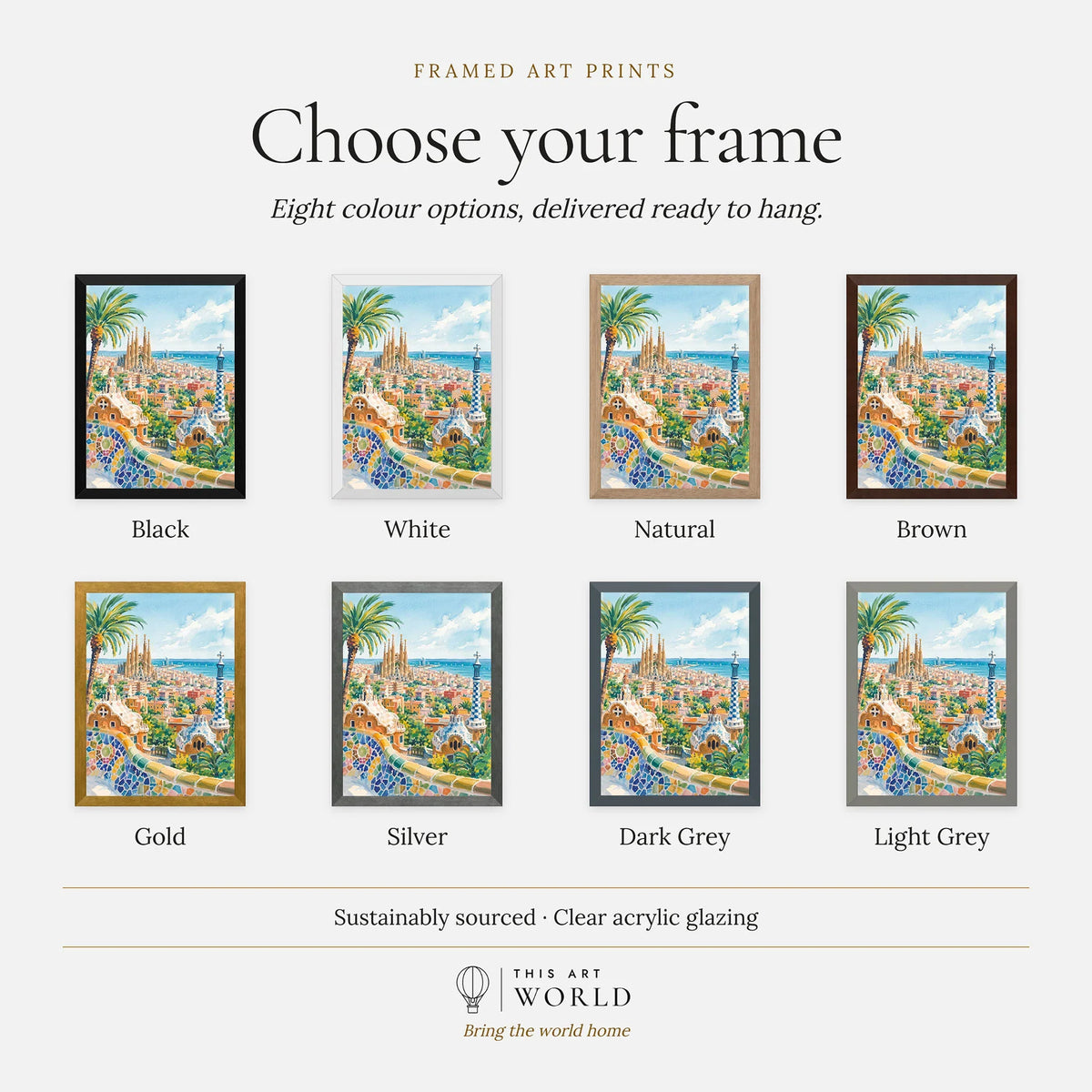 Barcelona Park Güell and Sagrada Família watercolour art print, frame colour options for the framed print