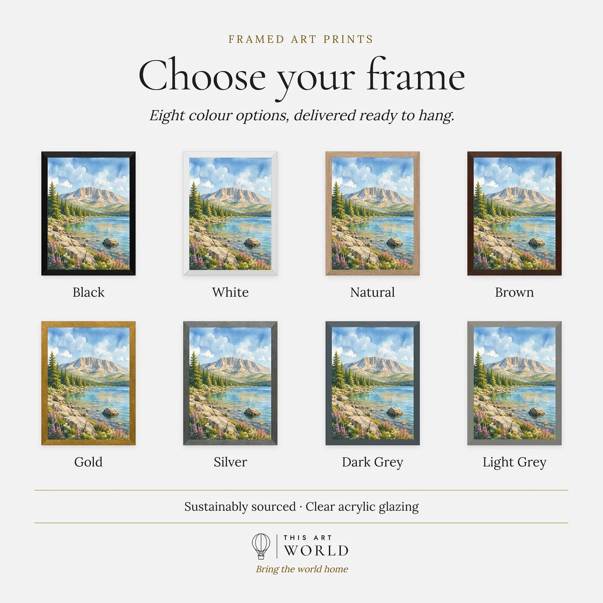 Baxter State Park Mount Katahdin and lake watercolour art print, frame colour options for the framed print