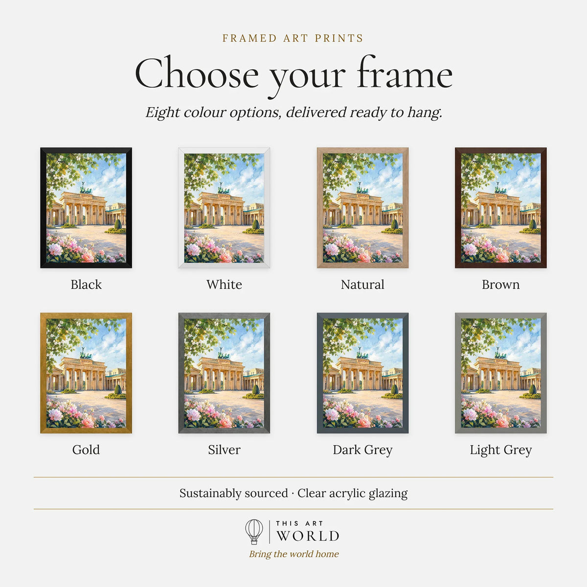 Berlin Brandenburg Gate watercolour art print, frame colour options for the framed print