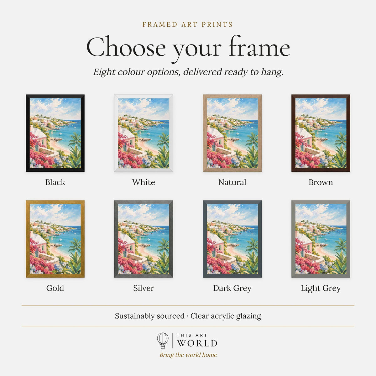 Bermuda pastel cottages and turquoise bay watercolour art print, frame colour options for the framed print