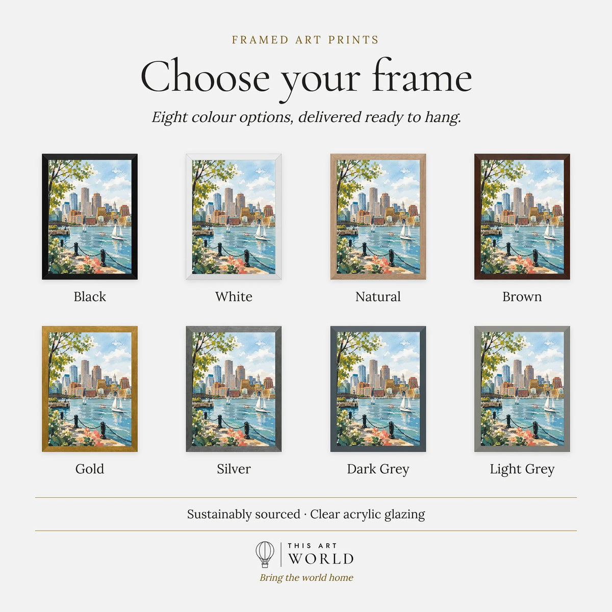 Boston harbour skyline with sailboats watercolour art print, frame colour options for the framed print