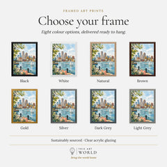 Boston harbour skyline with sailboats watercolour art print, frame colour options for the framed print