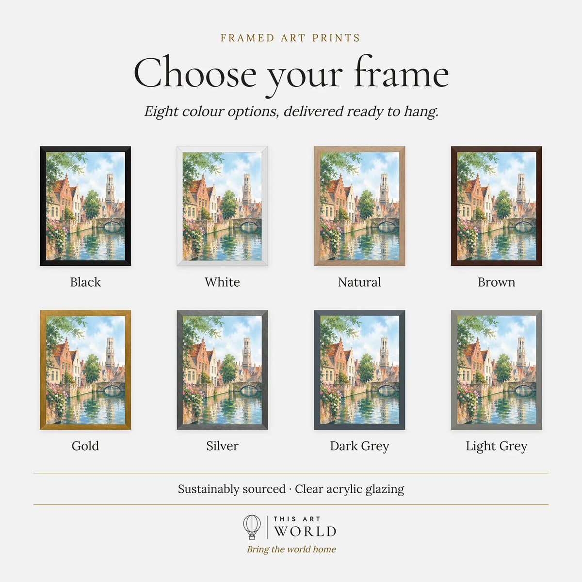 Bruges canal and Belfry tower watercolour art print, frame colour options for the framed print