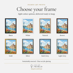 Budapest Parliament on the Danube watercolour art print, frame colour options for the framed print