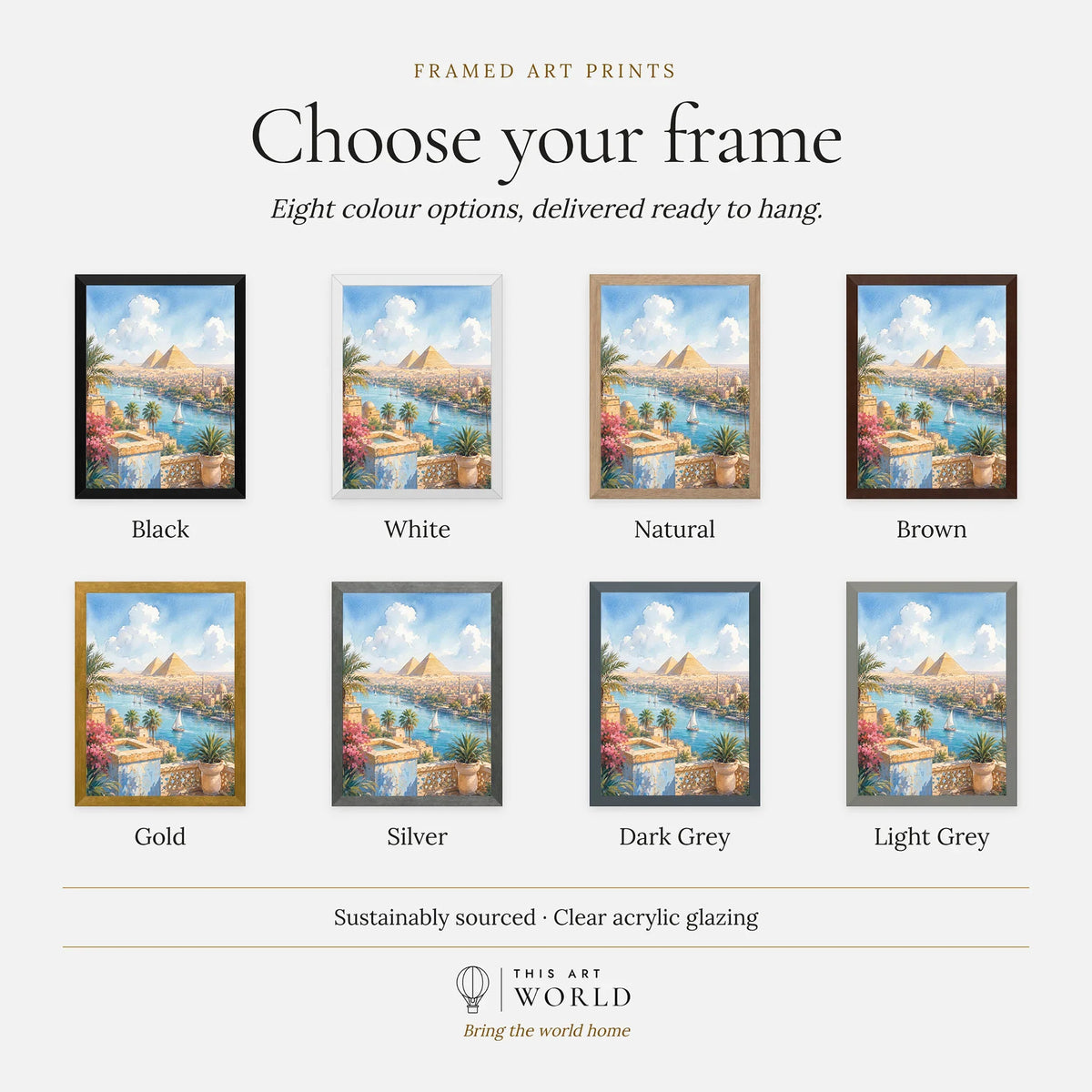 Cairo Pyramids of Giza and the Nile watercolour art print, frame colour options for the framed print