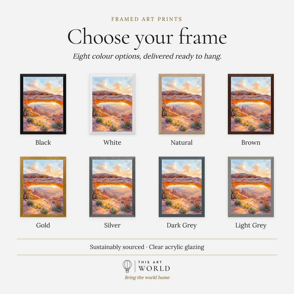 Canyonlands National Park Mesa Arch at sunrise watercolour art print, frame colour options for the framed print