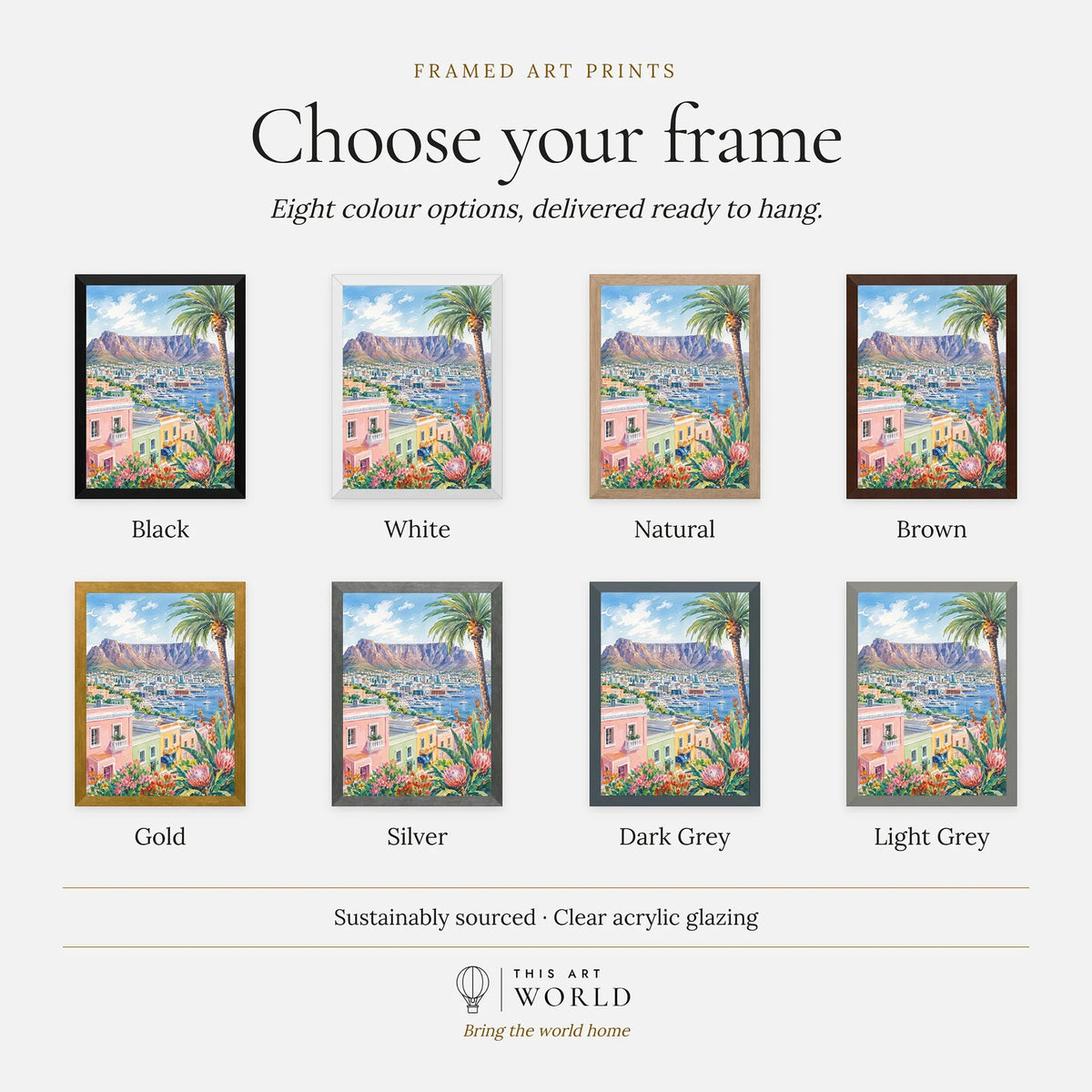 Cape Town Table Mountain and colourful houses watercolour art print, frame colour options for the framed print