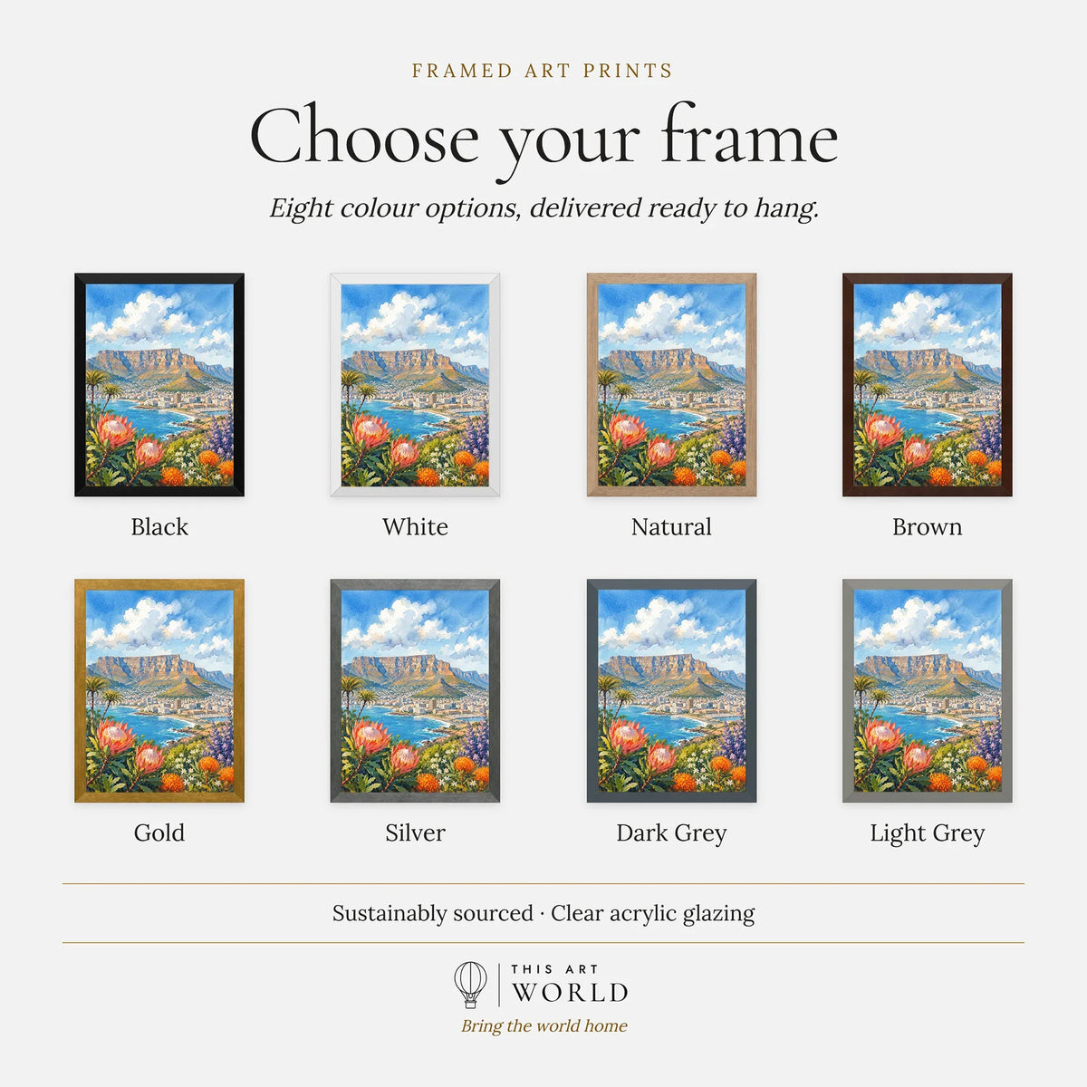 Cape Town Table Mountain bay with proteas watercolour art print, frame colour options for the framed print