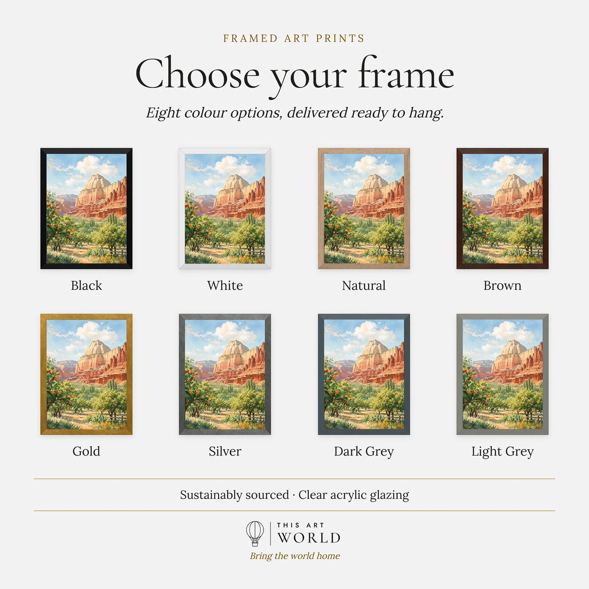 Capitol Reef National Park Fruita orchards and cliffs watercolour art print, frame colour options for the framed print
