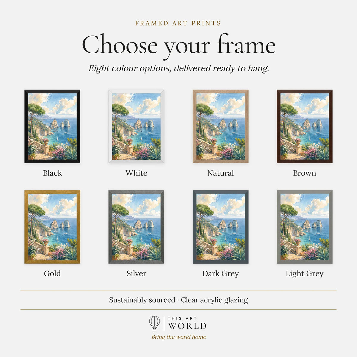 Capri Faraglioni rocks watercolour art print, frame colour options for the framed print