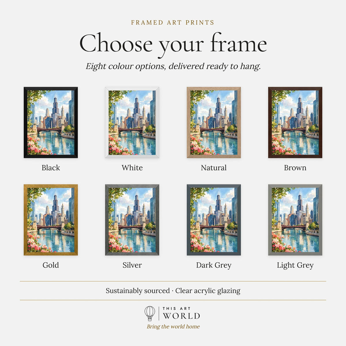 Chicago river and skyline watercolour art print, frame colour options for the framed print