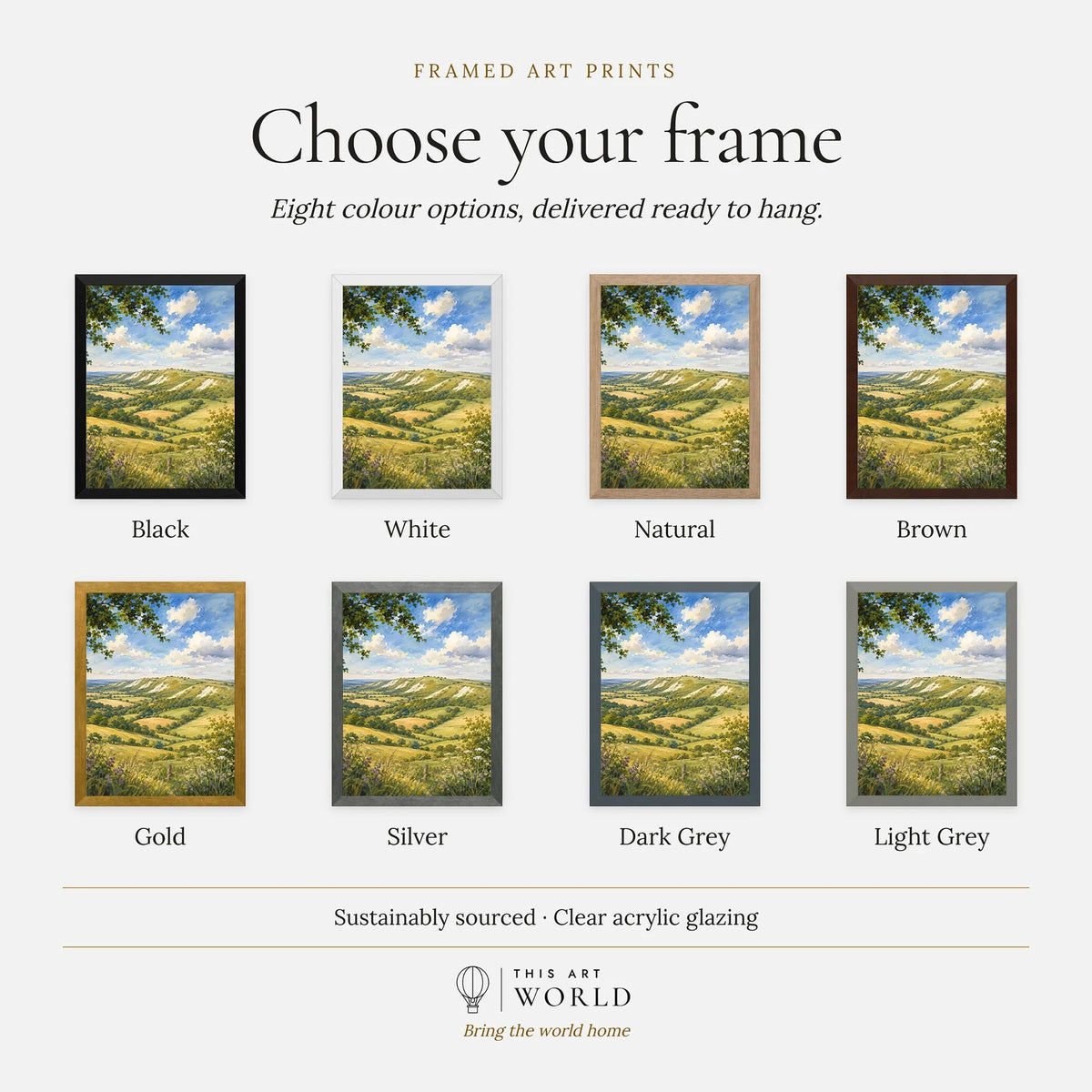 Chilterns rolling chalk hills watercolour art print, frame colour options for the framed print