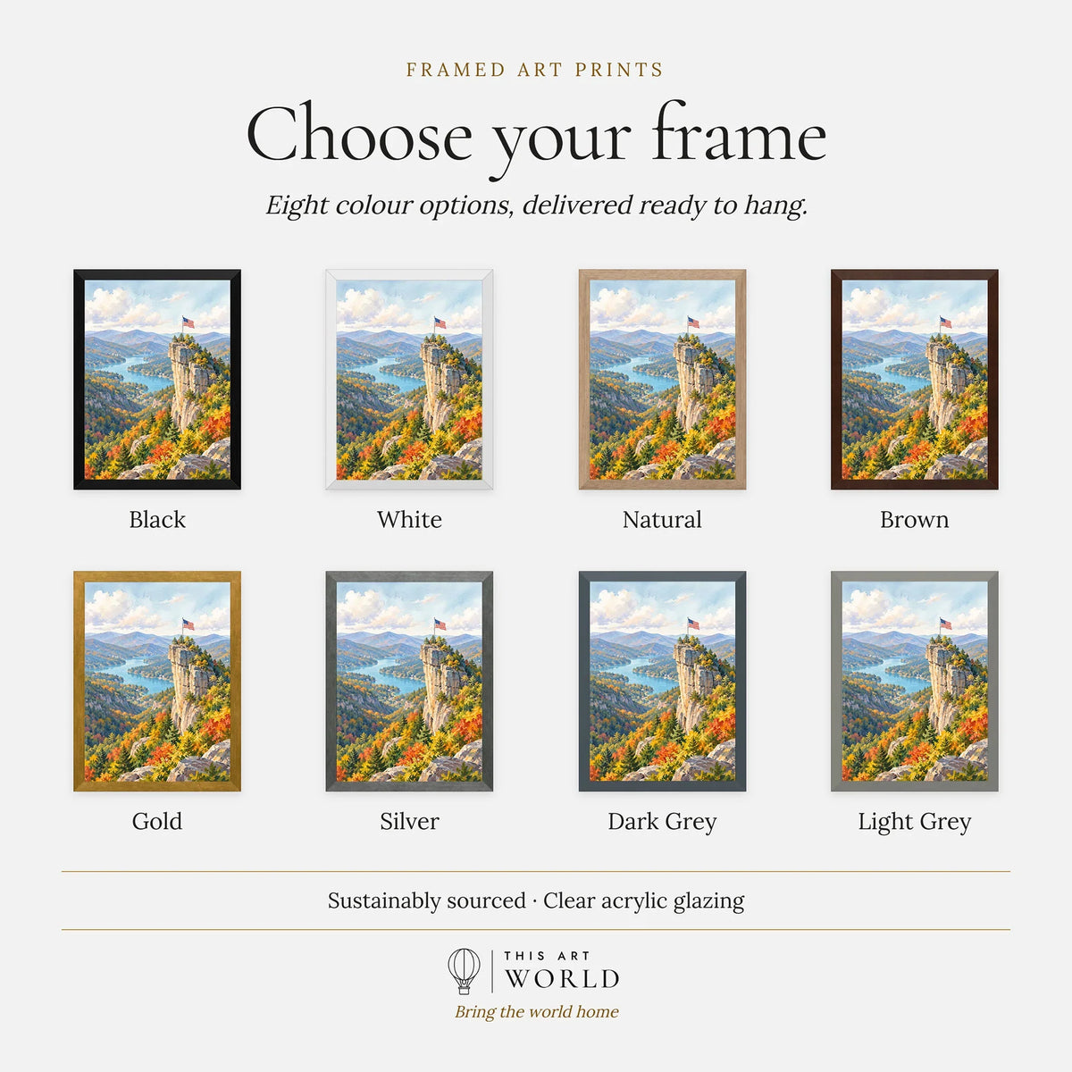 Chimney Rock State Park Chimney Rock above Lake Lure watercolour art print, frame colour options for the framed print