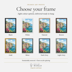 Cinque Terre Manarola cliff village watercolour art print, frame colour options for the framed print