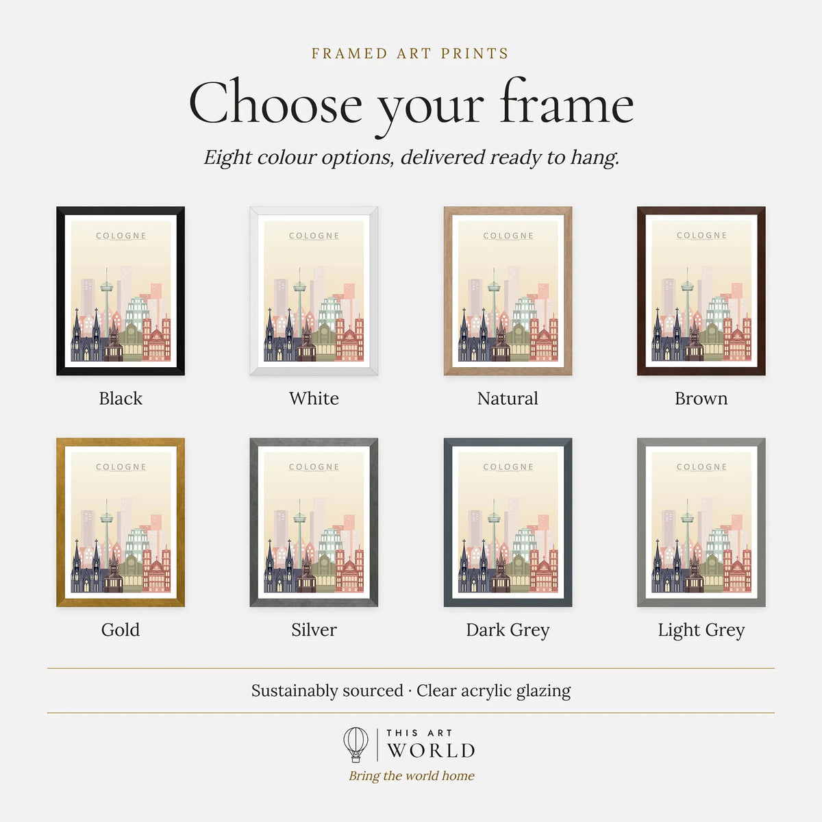 Cologne city skyline art print, frame colour options for the framed print