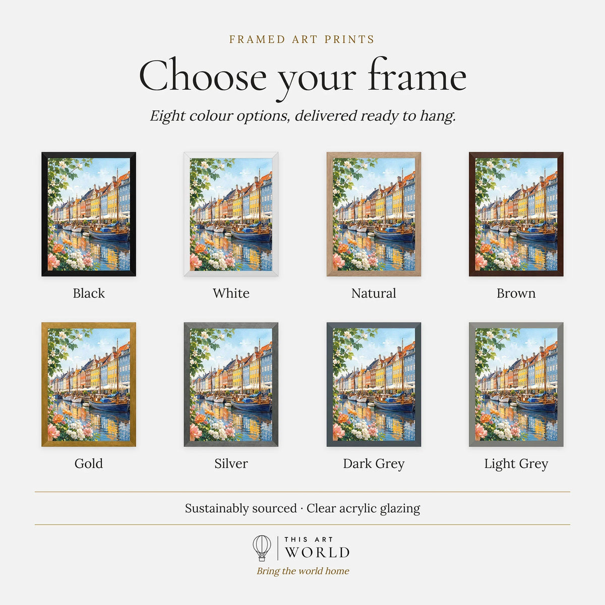 Copenhagen Nyhavn harbour houses watercolour art print, frame colour options for the framed print