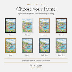 Cornwall harbour, fishing boats and lighthouse watercolour art print, frame colour options for the framed print